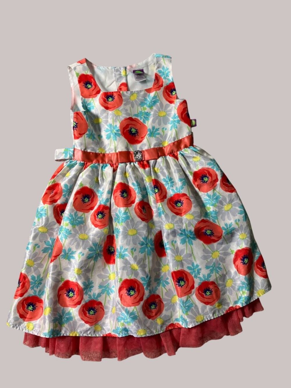 Dollie and Me Girls Floral Dress With Tulle Overlay and Ribbon Belt Size 5